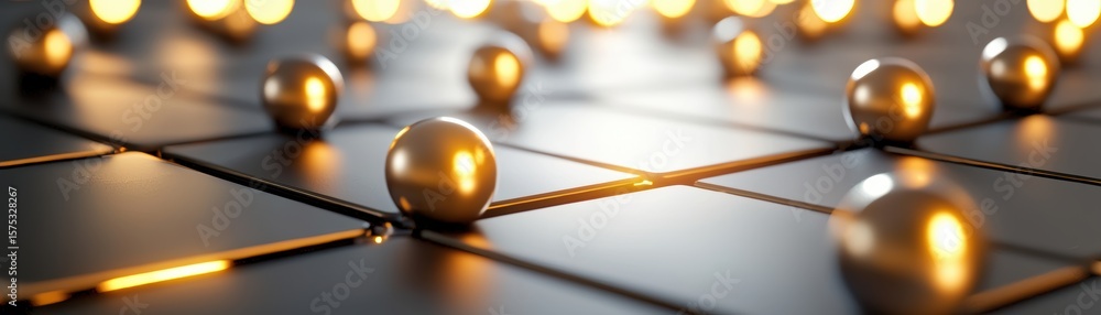 Poster metallic spheres scattered on a reflective grid surface with a warm glowing light, creating a modern
