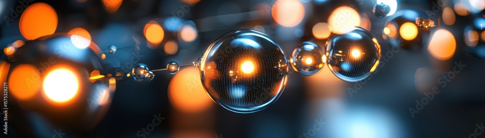 Poster shiny metallic spheres connected in a chain reflect warm bokeh lights, creating a futuristic and abs