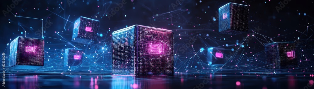 Poster digital cubes interconnected by glowing nodes and lines, symbolizing data networks and futuristic te
