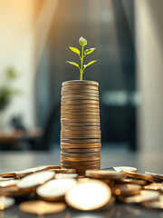 Small green plant growing on stack of golden coins, symbolizing financial growth and sustainability