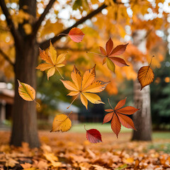 Autumn leaves gracefully fall from trees in a park during the day