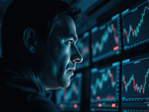 Focused trader analyzing financial data on multiple monitors in dimly lit room, reflecting determination and concentration