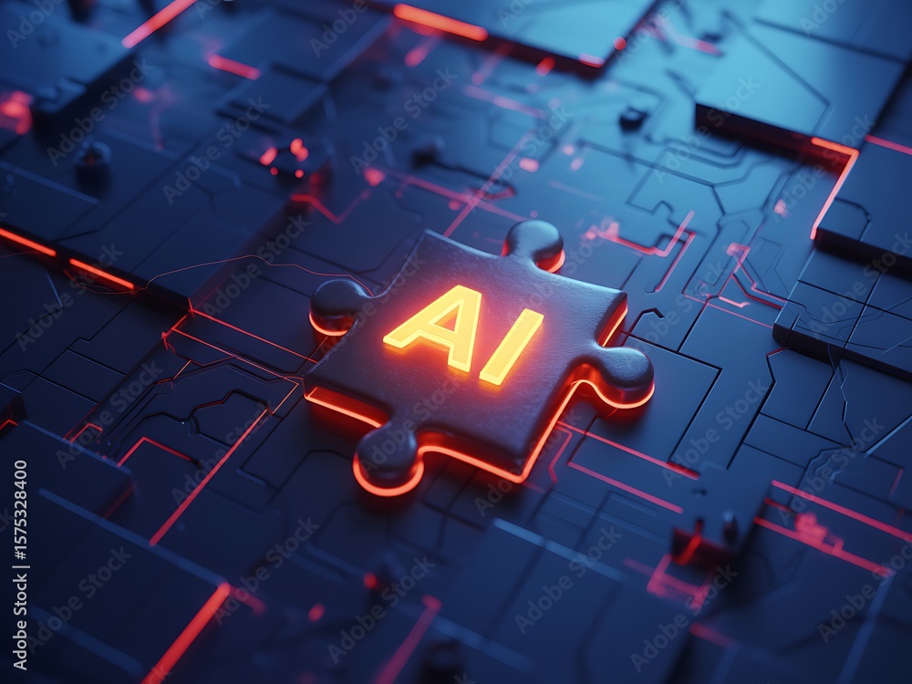 Poster glowing artificial intelligence puzzle piece on circuit board technology