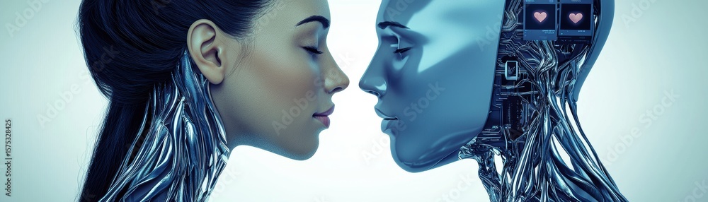 Aufkleber a human woman and a robot face each other closely, symbolizing the connection and interaction betwee