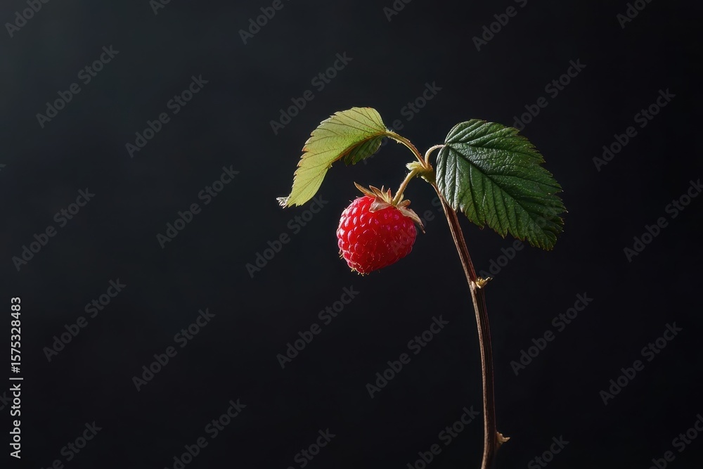 Poster raspberry with vibrant color resting on a stem against a dark background, raspberry on black backgro
