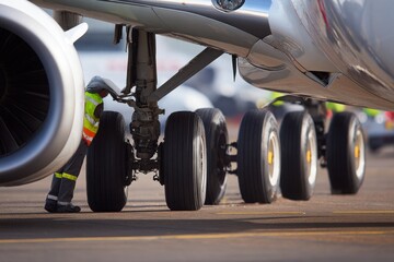 Aircraft maintenance crew inspecting landing gear and wheels on a commercial airplane at airport