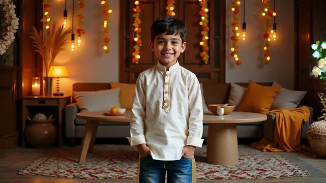 A young Indian boy in a short kurta and jeans smiles brightly at the camera radiating a joyful festive atmosphere in stunning 4k. - Powered by Adobe