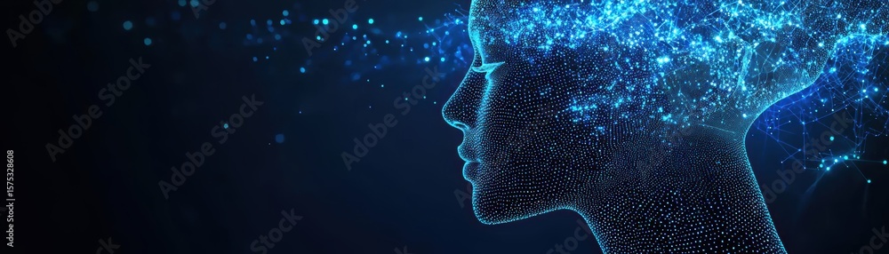 Aufkleber a digital profile of a human face composed of glowing blue data points and lines against a dark back
