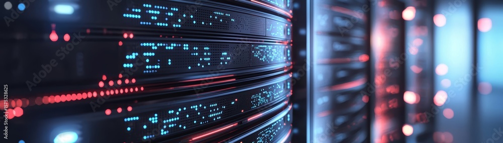 Poster close-up of illuminated server racks with blinking led lights in a data center, showcasing advanced 