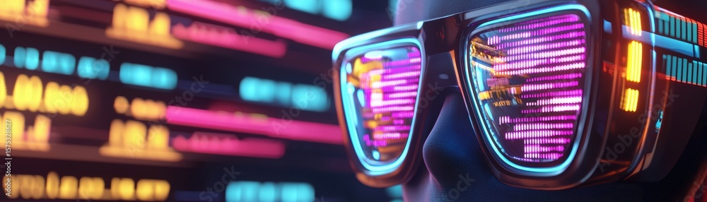 Poster a close-up of a person wearing futuristic glasses reflecting colorful digital code and data in a cyb
