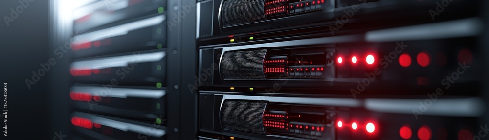 Poster close-up view of multiple server racks with glowing red leds in a data center, highlighting technolo