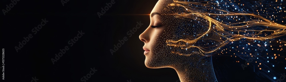 Poster digital profile of a human face composed of glowing particles and network connections, symbolizing a