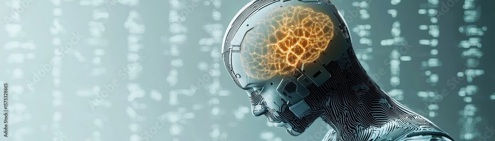 Poster a digital illustration of a human head with a glowing brain, symbolizing artificial intelligence and