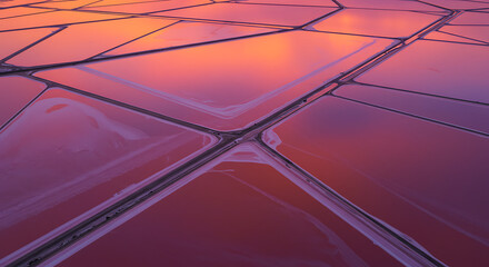 Aerial view of geometric salt evaporation ponds reflecting sunset colors.
