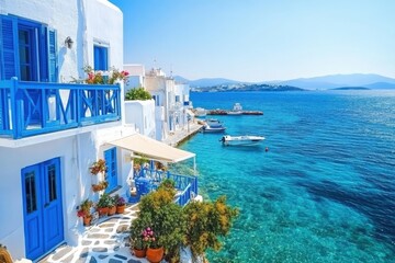Fototapeta premium Picturesque aerial view of Paros Island showcasing crystal blue waters and charming white architecture, Picturesque aerial view of Paros island in Greece Sea shore and harbor