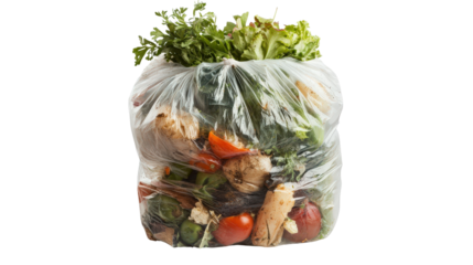 Plastic bag-filled bin with kitchen scraps, background isolated on a Transparent background, PNG file.