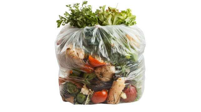 Plastic bag-filled bin with kitchen scraps, background isolated on a Transparent background, PNG file.