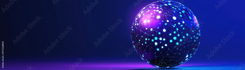 Poster a glowing blue and purple digital sphere with interconnected nodes and network lines on a dark backg