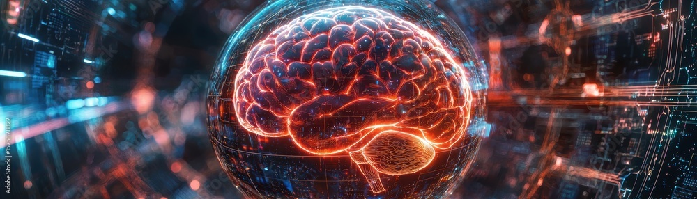 Poster a futuristic digital rendering of a glowing human brain surrounded by abstract technological and cir