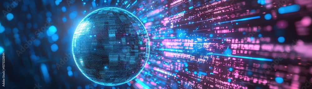 Poster a glowing digital sphere emits streams of vibrant data particles, symbolizing advanced technology an