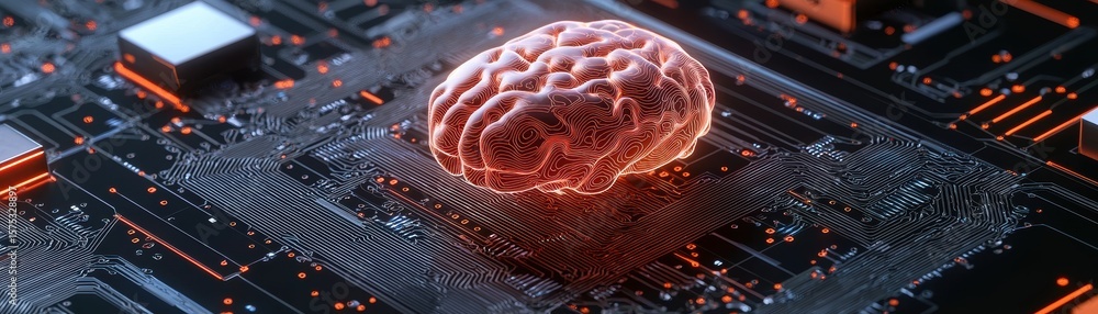 Poster a digital brain model illuminated on a circuit board symbolizes artificial intelligence and the fusi