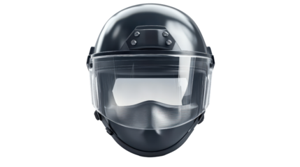 Police riot helmet with transparent face shield, realistic look, background isolated on a Transparent background, PNG file.