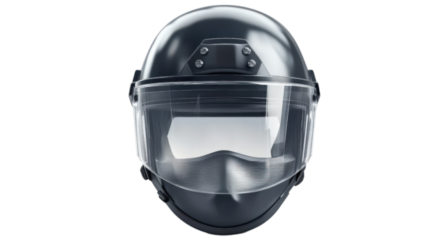 Police riot helmet with transparent face shield, realistic look, background isolated on a Transparent background, PNG file.