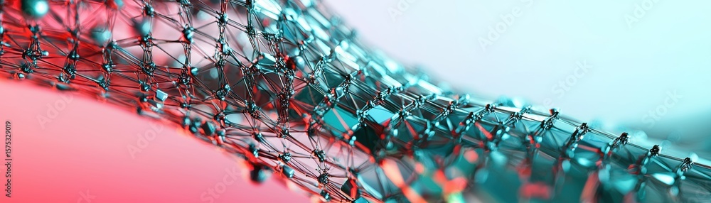 Poster abstract close-up of a flexible metallic mesh with interconnected nodes, showcasing intricate struct