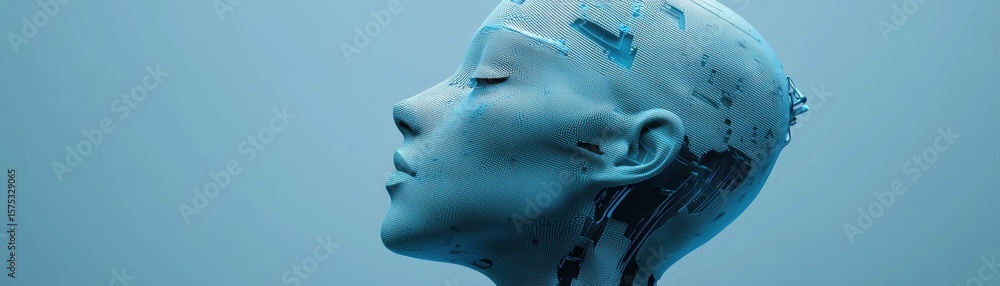 Poster a futuristic digital humanoid profile composed of circuit-like patterns, representing advanced artif