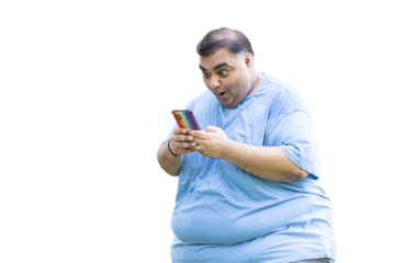 Amazed overweight indian man using smart phone. Plus size guy holding mobile phone get surprised. Online weight loss application. Obesity. Copy space