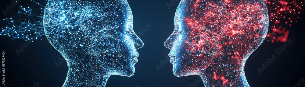 Poster two digital human faces made of interconnected glowing nodes and lines, facing each other against a 