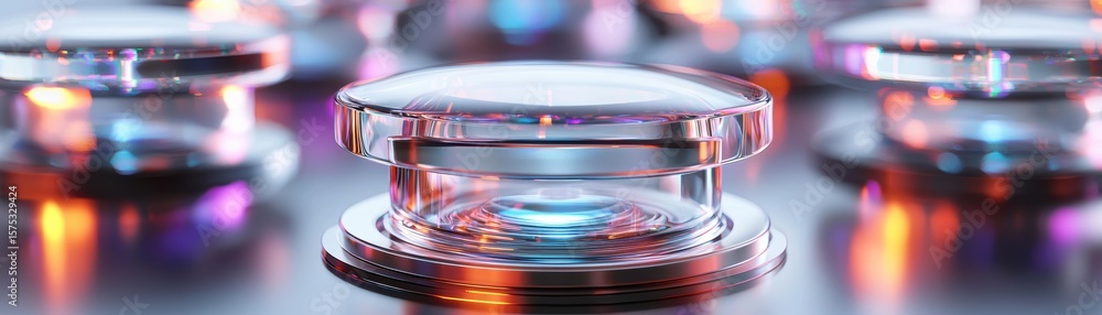 Poster transparent glass lens with intricate optical elements reflecting colorful light on a smooth surface