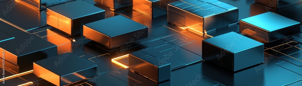 Poster a glowing futuristic digital grid with illuminated cubes in blue and orange hues creating a high-tec