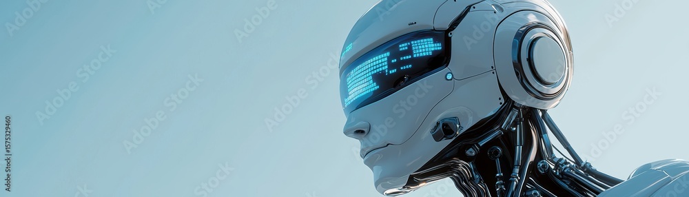 Poster futuristic humanoid robot with a digital visor and metallic body, symbolizing advanced artificial in