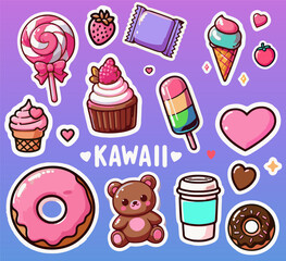 Cute kawaii vector illustration in cartoon style with desserts, hearts, and a teddy bear. Bright pastel colors, rounded shapes, and playful, fun theme on a purple gradient background.
