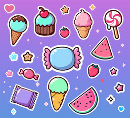 Cute kawaii vector illustration in cartoon style featuring candies, cupcakes, ice cream, watermelon, strawberries, and stars. Bright pastel colors, rounded shapes, playful and fun dessert theme.