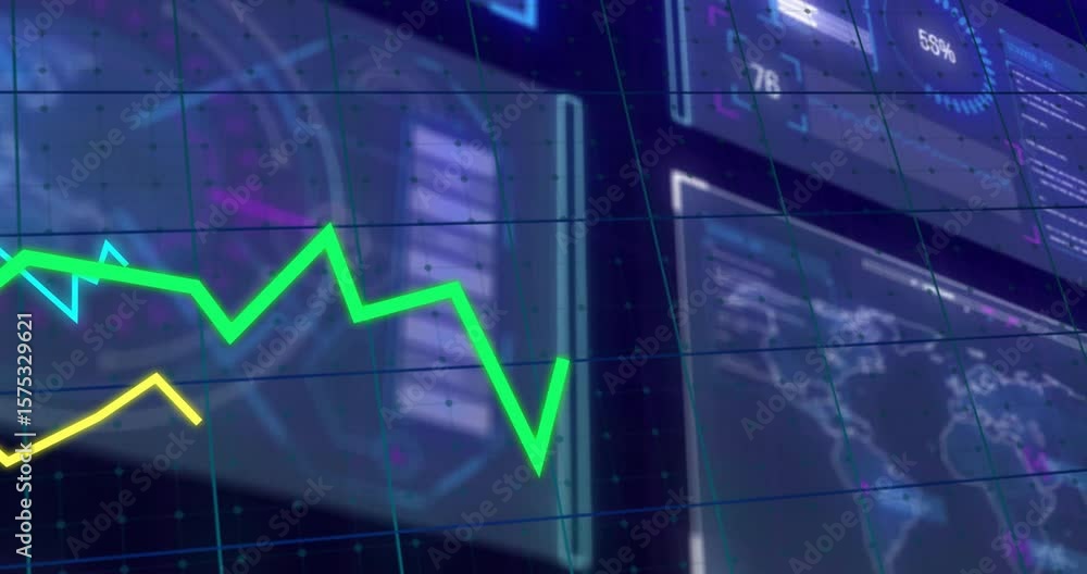Poster on start 3d holographic line charts and gauge materializing while data updating to visualize trends
