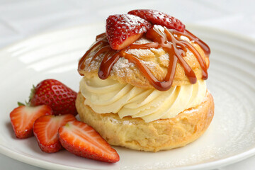 Cream puff topped with caramel drizzle and fresh sliced strawberries