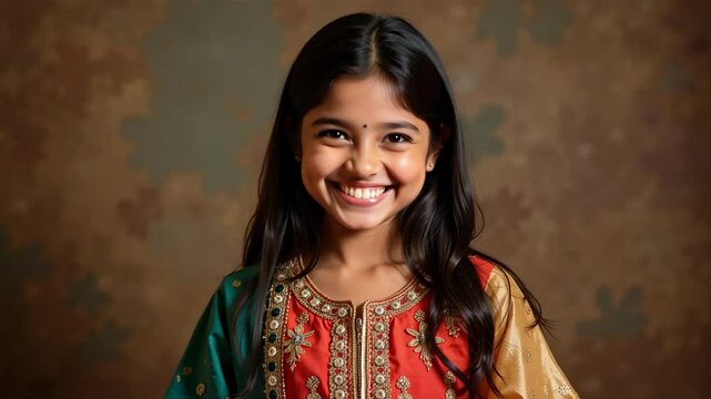A beautiful Indian girl in a bright anarkali dress faces the camera with a warm smile in this vibrant 4k footage, showcasing her joyful expression.