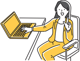 ノートパソコンと笑顔で説明する女性