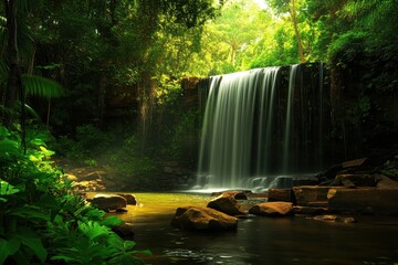 Majestic waterfall cascading in the tropical forest wilderness of Australia, Waterfall in tropical forest Wilderness of Australia