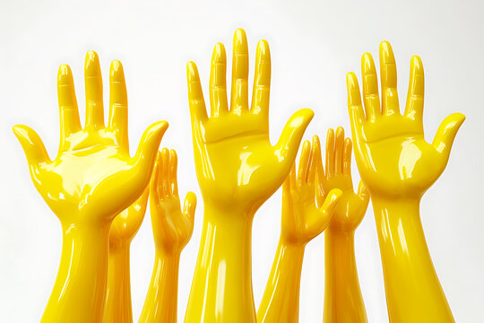Vibrant yellow hands reach upwards, a playful gesture against a clean background, suitable for artistic expression or concept illustration.