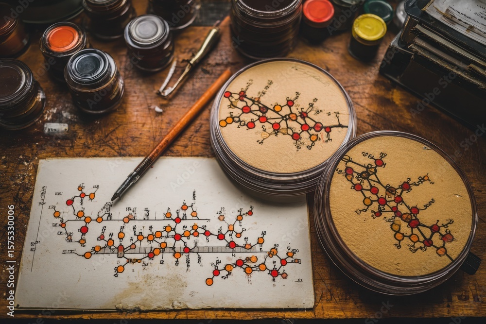 Aufkleber artistic representation of molecular structures on paper and plates, with colorful paint jars in the