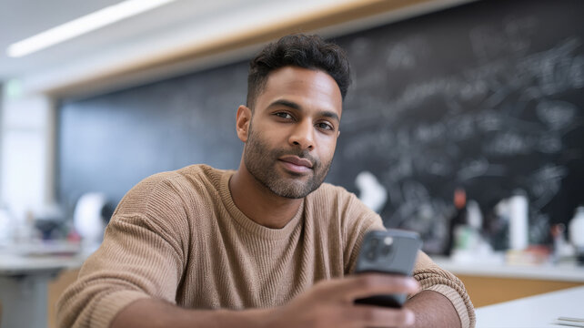 young indian man siting in a modern class room