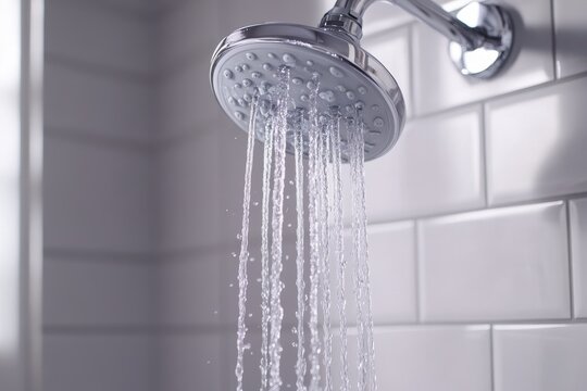 Water streams down from a modern shower head during a relaxing shower experience, Take a shower water pours in slow motion