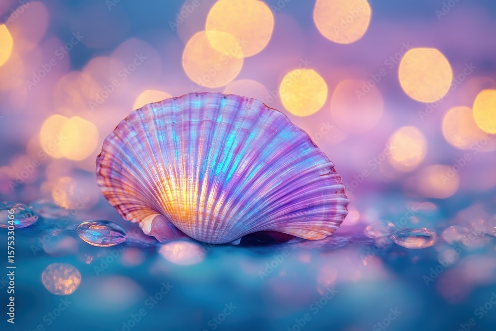 Poster radiant seashell showcases iridescent colors against a bokeh background near coastal waters, radiant