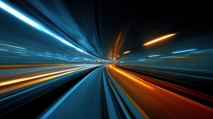 Obraz premium Abstract motion blur of a high speed train traveling through a brightly lit tunnel