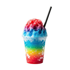Refreshing rainbow shaved ice in a clear plastic cup with a straw. Perfect for summer treats and colorful designs.