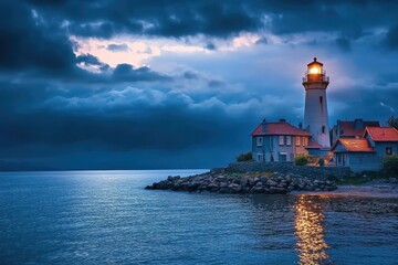 Dusk settles over seaside village with lighthouse casting light across calm waters, Seaside village at dusk with a lighthouse casting light over calm waters under a cloudy sky