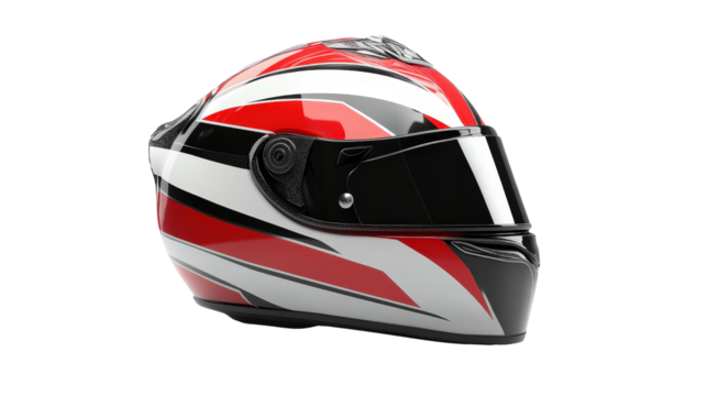 Racing helmet with aerodynamic design and sponsor decals, background isolated on a Transparent background, PNG file.